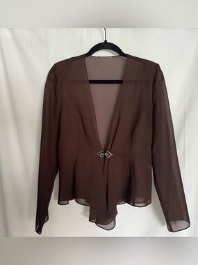 Vintage Ursula of Switzerland Brown Sheer Chiffon Blouse Rhinestone Clasp M